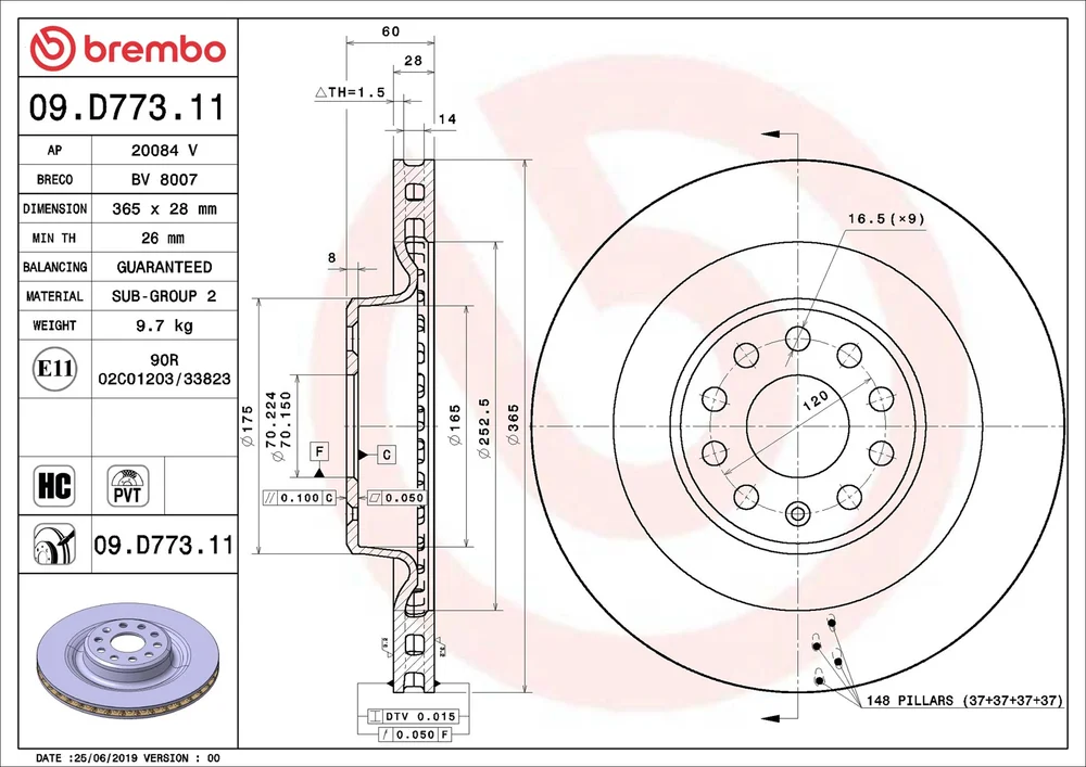 Brzdový kotouč BREMBO 09.D773.11 – OE 102763200B