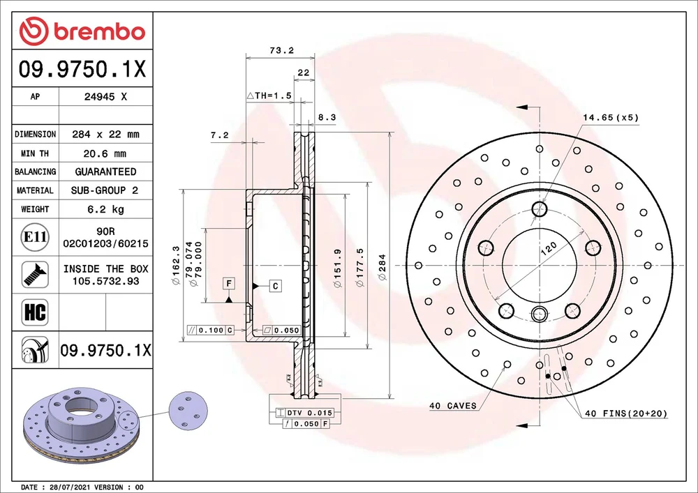 Brzdový kotouč BREMBO 09.9750.1X – OE 34116764629